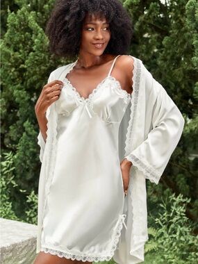 White Satin Lace Trimmed Slip and Robe Set